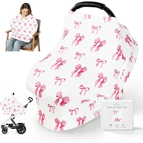 Pea Pod Baby Car Seat Cover, Infant Carseat Covers for Baby Girl, Stretchy Soft Newborn Car Seat Cover, Carseat Canopy for Privacy Nursing, Lightweight Summer Stroller Cover Sun Protector, Pink Bows