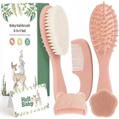 5 Piece Baby Hair Brush Set, Wooden Baby Brush and Comb Set with Natural Soft Goat Hair Bristles, Cradle Cap Brush, Baby Essentials Grooming Kit for Boy Girl