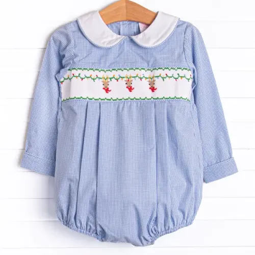 Reindeer Cheer Smocked Boy Bubble, Blue 18M