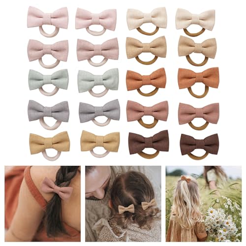 Baby Toddler Girls Hair Ties with Linen Bows, 20 pcs No Damage Elastic Nylon Ponytail Holders, Small Hair Accessories for Thick or Thin Hair
