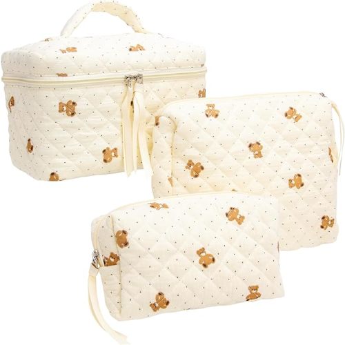 PAZIMIIK 3PCS Makeup Bag SET Large Travel Quilted Zipper Soft Cosmetic Case Pouch for Women Girls Make Up,Gauze Bear