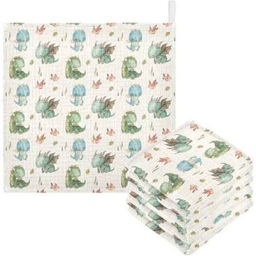 Cute Dragon Baby Washcloths Newborn Muslin Burp Cloths 3 Pack Soft Cotton Baby Face Bath Towel Drool Bibs for Infants, Girls and Boys 11.8 x 11.8 Inch