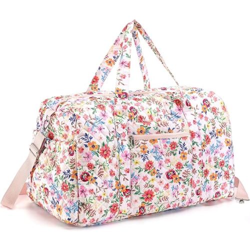 Large Quilted Travel Duffle Bag for Women Floral Portable Gym Weekender Bag with Zipper Pockets Workout Grocery Pouch Duffle Gift Pouch for Work(Pink Floral)