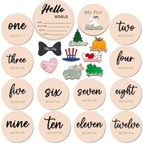 Monthly Baby Milestone Maker Discs, Baby Milestone Signs for Newborn Baby, Hello World Newborn Sign for Girl & Boy, Baby Announcement Sign for 1-12 Month, Milestone Wooden Circles (Sage) (Black)