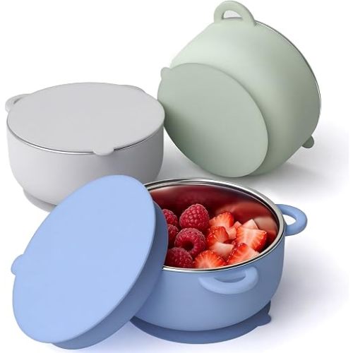 Bakpoco 2-in-1 Stainless Steel Baby Bowls, Leak-Proof Lids & Suction Silicone Bowl, 13.5oz Toddler Bowls Kids Food Snack Containers Self Feeding Essentials, 3Pack Soft Meadow