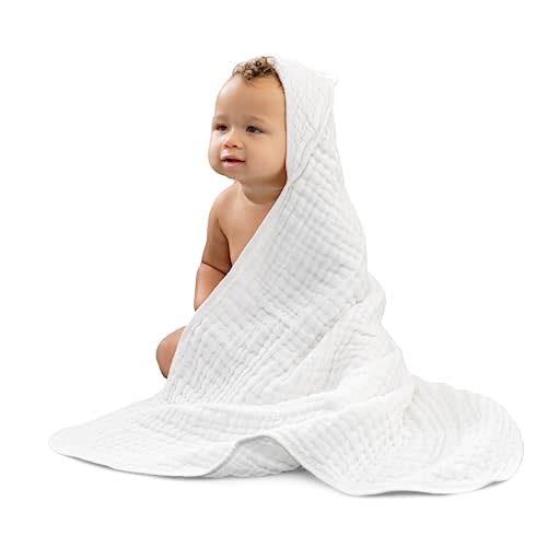 Comfy Cubs 2 Pack Baby Hooded 9 Layer Muslin Cotton Towel for Kids, Large 32” x 32”, Ultra Soft, Warm, and Absorbent. Baby Essentials Bath Towels, Cute Unisex Cover for Girls and Boys (2 Pack, White)