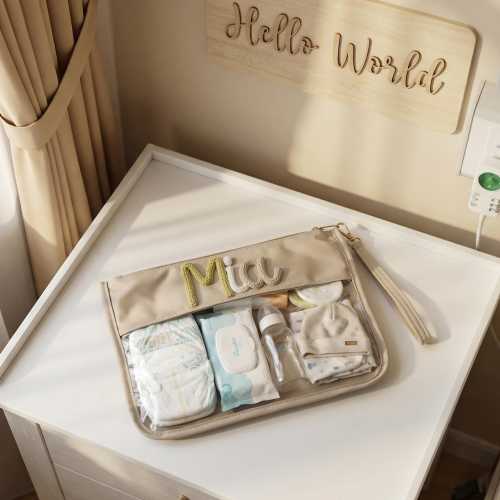 Personalized Baby Shower Gift, Custom Name Clear Pouch, Knitted Rope Letter Bag, Newborn Arrival Gift, Minimalist Nylon Organizer