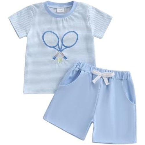 Toddler Baby Boy Summer Outfit Baseball//Golf/Tennis Embroidery Striped Short Sleeve T Shirt Shorts Set 2Pcs Outfit