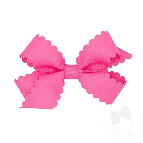 Wee Ones Girls' Classic Grosgrain Hair Bow with Scalloped Edges and Plain Wrap Center on a WeeStay Hair Clip, Mini, Hot Pink