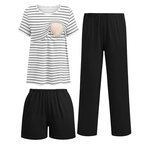 Ekouaer 3 Piece Postpartum Nursing Pajamas Set Short Sleeve Breastfeeding Shirts Pregnancy Shorts & Pants Maternity Pjs
