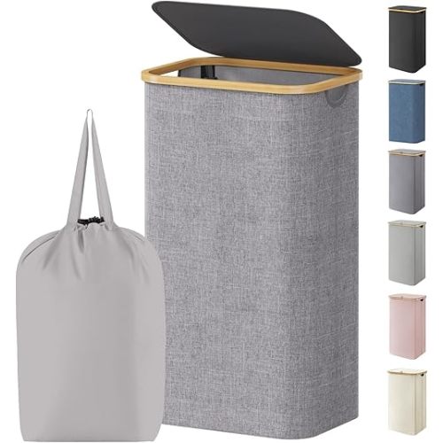 Lifewit 100L Laundry Basket with Lid, Clothes Hampers for Laundry with Bamboo Handles and 1 Removable Bag, Large Foldable Laundry Hamper for Bedroom, Bathroom, Dorm, Laundry Room, Light Gray