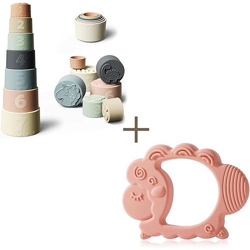 Moonkie Silicone Stacking Cups & Sheep Teether Set | Baby Toys for 0–12 Months | BPA-Free Teething Relief & Early Learning Play
