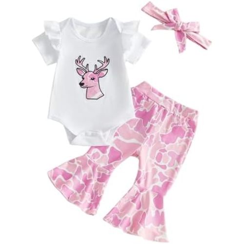 Newborn Baby Girl Outfits Camo Deer Embroidery Romper Flare Pants 3pcs Hunting Clothes Set Summer