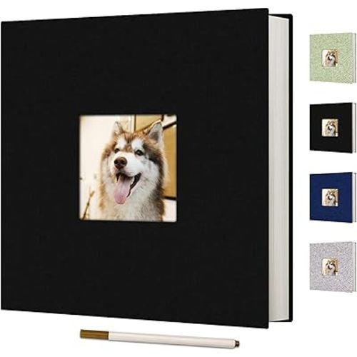 Self Adhesive Scrapbook for Photo Albums 4x6 Pictures, Linen Cover Arch Display Window Scrapbook 60 Blank Pages, DIY Scrapbook Photo with A Metallic Pen, Memory Book for Baby Wedding Anniversary Black