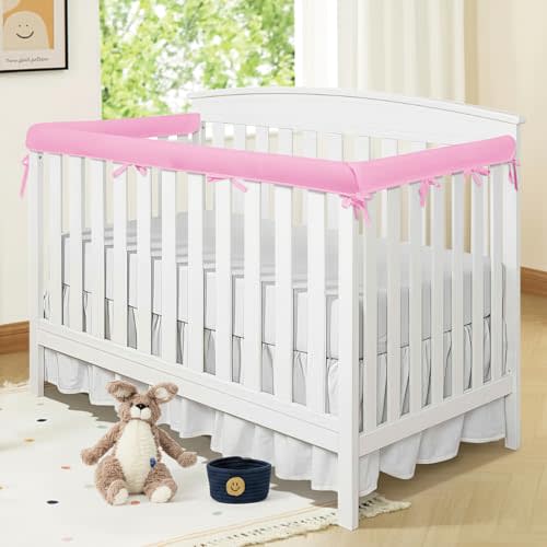 3Pcs Crib Rail Covers for Teething,Soft Crib Guard Rail Cover for Chewing,Long Pieces (Length 51 in,width7in,2 Short Pieces (Length 27.5 in,Width 7 in), (Pink)