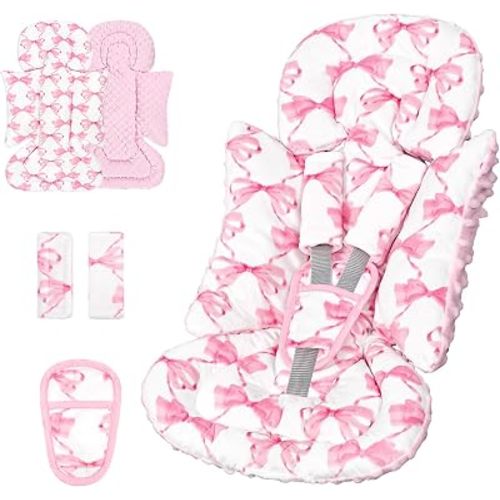 Infant Car Seat Insert, Soft Baby Car Seat Head & Body Support for Girl Boy, Reversible Newborn Preemie Carseat Insert Cushion with 3 Straps Pads, Fits Car Seat, Stroller, Swing, Bouncer, Pink Bow