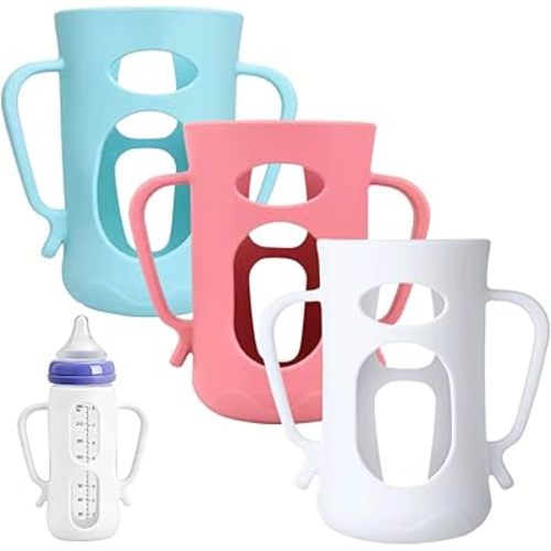 3Pack Silicone Sleeves Compatible with Lansinoh Glass Bottles for 8oz, Anti Breakage Glass Bottle Holder with Handles, Silicone Bottle Holder for Easy Grip, Quick Install, Easy to Clean