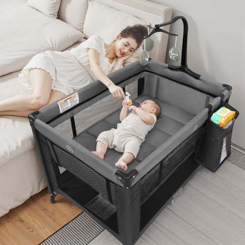 Vomeast Baby Playard with Bassinet,Portable Crib Pack and Play with Toy Bar,Foldable Play Yard(Grey)