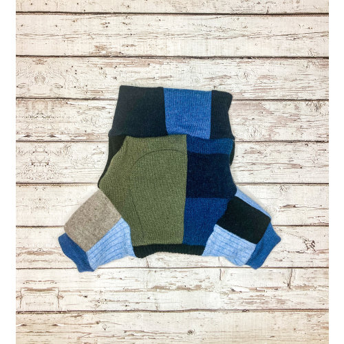 Upcycled Wool Diaper Cover Shorties: Blue Green Patchwork, Size Medium
