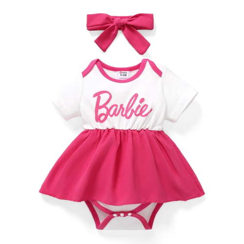 Barbie Baby Girls Romper Crewneck Letter Print Short Sleeves Onesi with Headband Sizes 12-18M