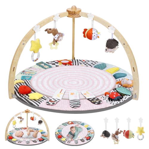 PRVAETU Wooden Baby Gym Play Mat, Foldable Tummy Time Playmat W/ 7 Detachable Toys for Infant Newborn Toddler Motor Skills Sensory Development,Pink