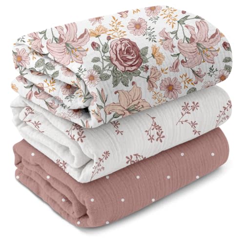 GLLQUEN BABY Muslin Swaddle Blankets for Newborn Girls, Large 40''x38'' | 3Pk, 100% cotton, ultra soft and breathable, gentle on sensitive newborn skin, Multi-use as swaddle wrap, receiving blankets