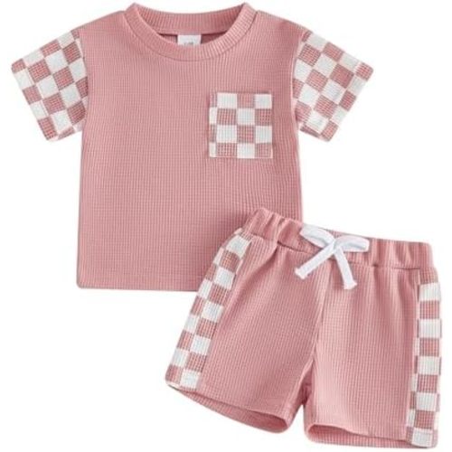 allshope Toddler Baby Girl Summer Outfit Checkerboard Patchwork T Shirt Tops Elastic Waist Shorts Newborn Infant Clothes Set