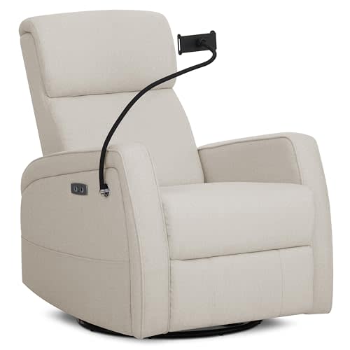 évolur Maverick Upholstered Power Glider Recliner with Device Holder – Swivel, Rocking & Smooth Power Recline – Greenguard Gold & FSC Certified, Modern Nursery and Living Room Chair in Light Sand