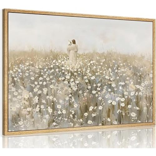 XIGBAWAN Framed Jesus and Lamb Wall Art Christian Canvas Poster Jesus Leaves the 99 Sheep Painting Print Beige Daisy Picture for Church Religious Home Decor Living Room Bedroom Prayer Room 12x16 Inch