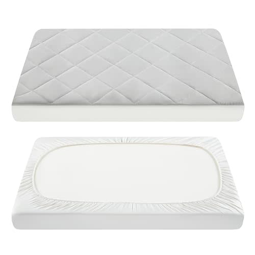 TILLYOU Pack and Play Sheets Pad - Waterproof Play Yard Playpen Sheets Pad, Soft Quilted Sheets with 1''-3'' Deep Pocket, Breathable and Fluffy, 39"x27",Light Grey