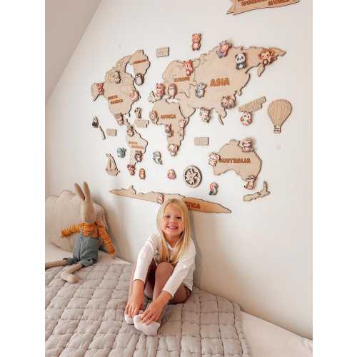 Wooden World Map Kids Playroom Decor: Personalized Montessori Safari Nursery