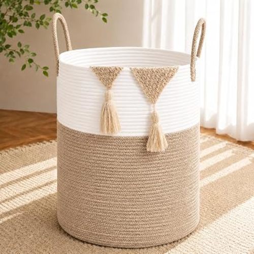Large Laundry Hamper Basket, 60L Cotton Rope Woven Storage Bin for Blankets, Dirty Clothes Toys, Decorative Tall Basket for Living Room, Bedroom, Bathroom, Nursery, Brown & White