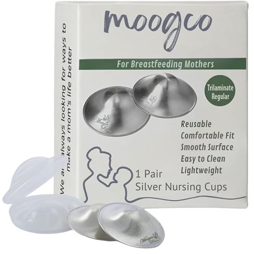 MOOGCO The Original Silver Nursing Cups - 999k Silver Nipple Cups - Nipple Shields for Breastfeeding Newborn – Protective Silver Nipple Covers for Nursing Moms (TriLaminate Regular)