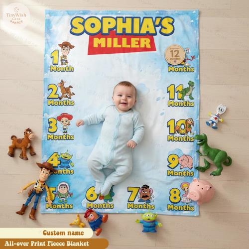 Personalized Toy Story 5 Baby Milestone Blanket, Custom Name Monthly Milestone Fleece Blanket, Baby Month Photo Blanket, Baby Shower Gift