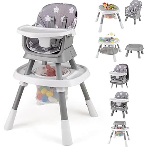HONEY JOY 16-in-1 Baby High Chair, Convertible Highchair for Babies and Toddlers/Booster Seat/Activity Center with Toys, Building Block Table & Stool, Safety Harness, Removable Cushion & Tray (Gray)