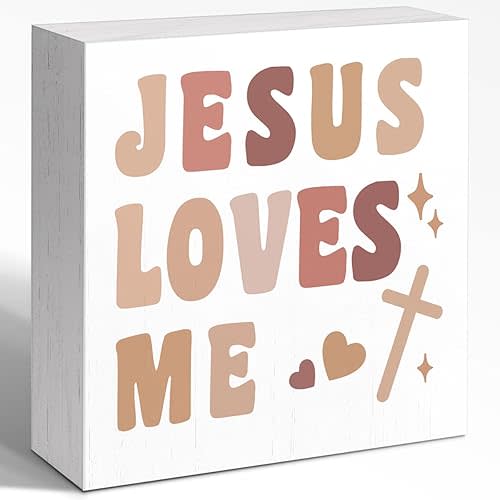 Boho Christian Home Decor, Jesus Loves Me Wooden Box Sign 5x5x1 INCH, Rustic Frame Faith-Based Bedroom Sign, Children's Room Inspirational Decor
