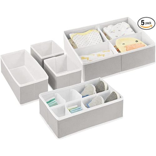 mDesign Soft Fabric Dresser Drawer/Closet Divided Storage Organizer Bins for Nursery - Holds Blankets, Bibs, Socks, Lotion, Clothes, Shoes, Toys, Jane Collection - Set of 5 - Stone Gray/White - Light Gray/White