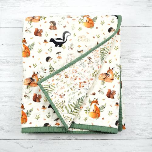 Handmade Woodland Animals Baby Quilt, Fern Leaf Backing