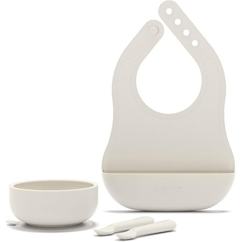 Lalo First Bites Starting Solids Silicone Baby Feeding Set with Suction Bowl, 2 Spoons and 1 Bib - 4-Piece Baby-Led Weaning Supplies - Non-Toxic Silicone Infant Tableware - Oatmeal