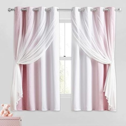 100% Blackout Curtains with Sheer Overlay Mix and Match Double Layer Drapes 63 Inch Length 2 Panels for Bedroom Living Room Pink White Ombre Grommet Window Treatment with Tiebacks