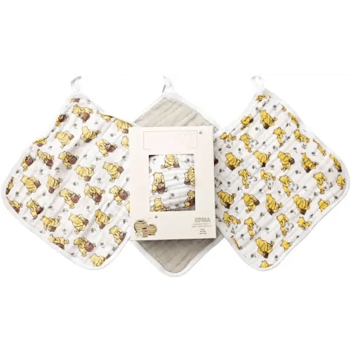 Sugar Lily's Classic Pooh Muslin Cotton Washcloth Set, Soft, Durable, Classic Pooh + Soccer Ball Design, Grey with White Trim, 3pc