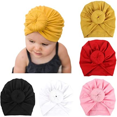 DRESHOW BQUBO 5 Pieces Baby Turban Hats Turban Bun Knot Baby Infant Beanie Baby Girl Soft Cute Toddler Cap