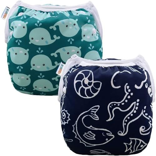 ALVABABY Swim Diapers 2pcs Reusable Baby Boy Swim Diaper 0-8 Months Adjustable Snap Washable Infant Toddler Swimming Diaper for Pool Beach & Swim Lessons – Waterproof PUL Leak-Proof UPF 30+ Small Size