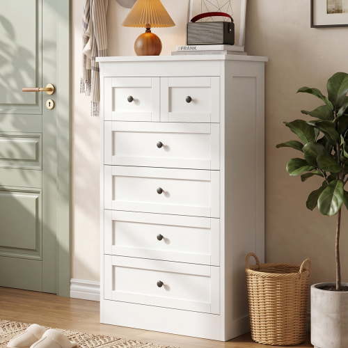 NEORIVER 6 Drawer Tall Dresser, Modern Farmhouse White Chest of Drawers with Assembly Video Guide