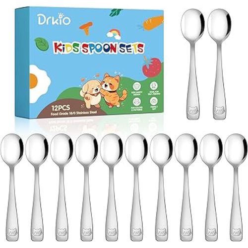 DRKIO Stainless Steel Toddler Spoons Set - 12 Pieces Kids Spoons Set Children Safe Food Grade Kids Silverware Small Spoon Metal Toddler Utensils Dishwasher Safe Mirror Polished