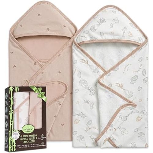 Bamboo Viscose Rich 2 Hooded Baby Towels 28x28 in & 2 Washcloths 10x10 in