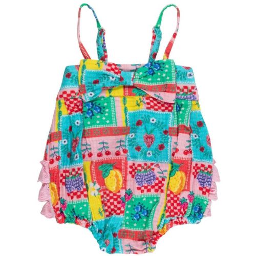 RuffleButts Baby/Toddler Girls Cotton Gauze Bow Front Bubble Woven Romper - Picnic Party, 0-3m