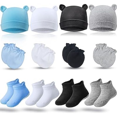 4 Sets Newborn Baby Hat and Mittens Toddler Beanie Cap Non Slip Socks for 0-6 Months