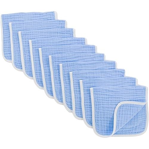 Synrroe Burp Cloths Large, Muslin Burp Cloths for Baby Girls and Boys, Pack of 10 Extra Absorbent and Soft Muslin, 6 Layers 20 by 10 Inches 100% Cotton (Blue 10 Pack)