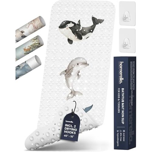 Bathtub Mat Non Slip Anti Mold for Kids 40x16 - homerella® Bath Mat for Tub, BPA Free, Incl. 2 Hooks, Washable Shower Mat Non Slip Anti Mold, Shower Mats for Inside Shower, EU Certified